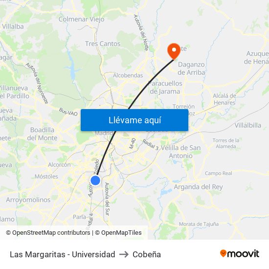 Las Margaritas - Universidad to Cobeña map