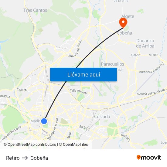 Retiro to Cobeña map