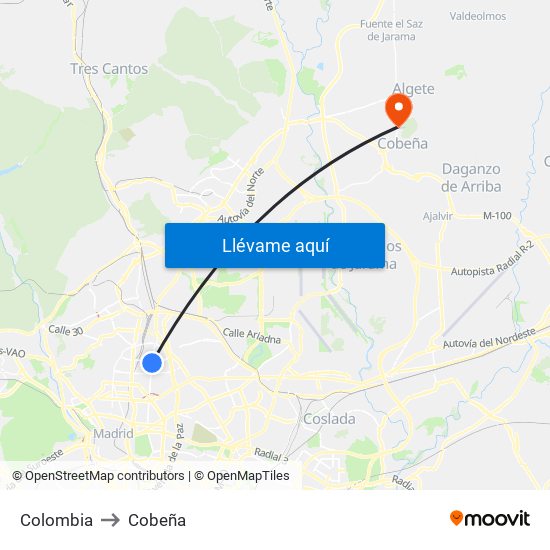 Colombia to Cobeña map