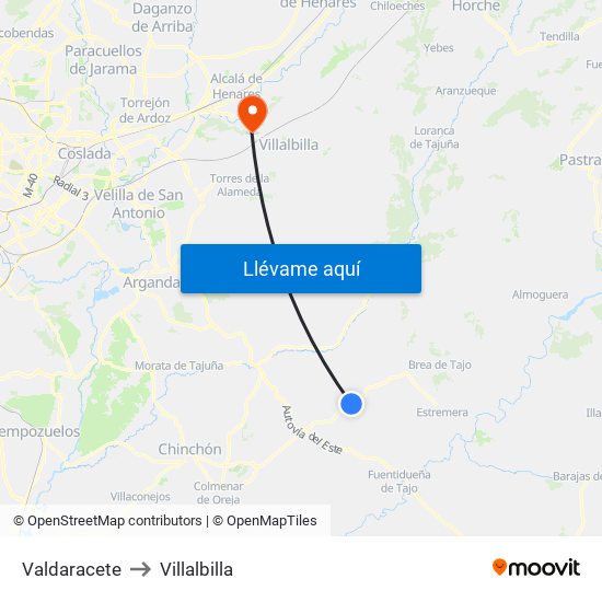 Valdaracete to Villalbilla map