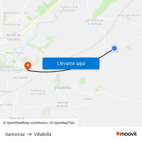 Santorcaz to Villalbilla map
