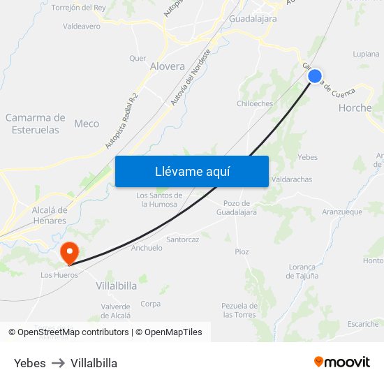 Yebes to Villalbilla map