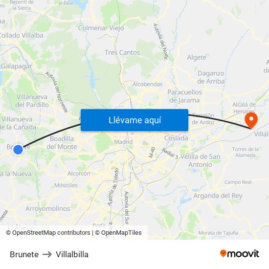 Brunete to Villalbilla map