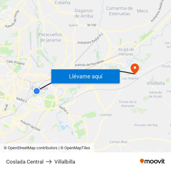 Coslada Central to Villalbilla map