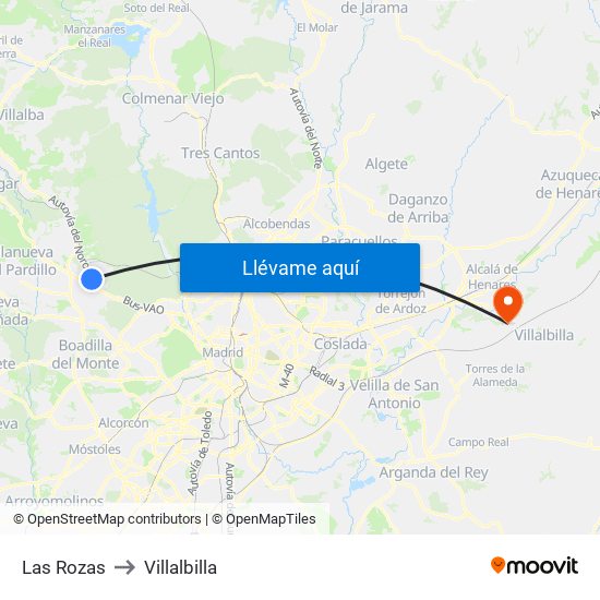 Las Rozas to Villalbilla map