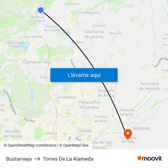 Bustarviejo to Torres De La Alameda map