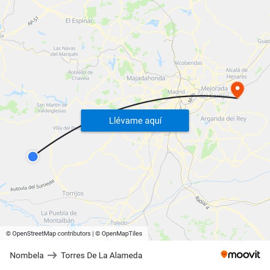 Nombela to Torres De La Alameda map