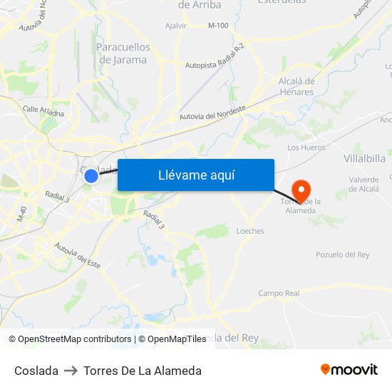 Coslada to Torres De La Alameda map