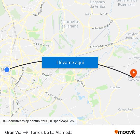 Gran Vía to Torres De La Alameda map