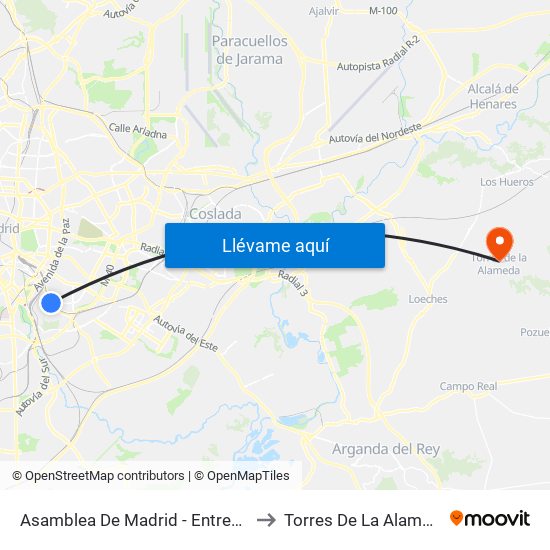 Asamblea De Madrid - Entrevías to Torres De La Alameda map