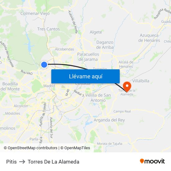 Pitis to Torres De La Alameda map