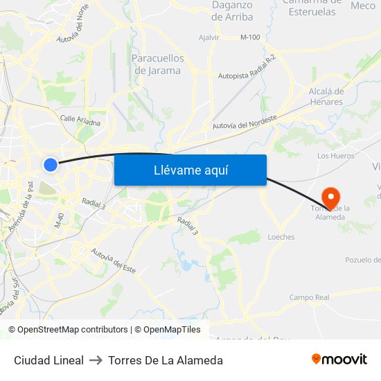 Ciudad Lineal to Torres De La Alameda map