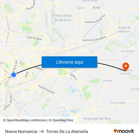 Nueva Numancia to Torres De La Alameda map
