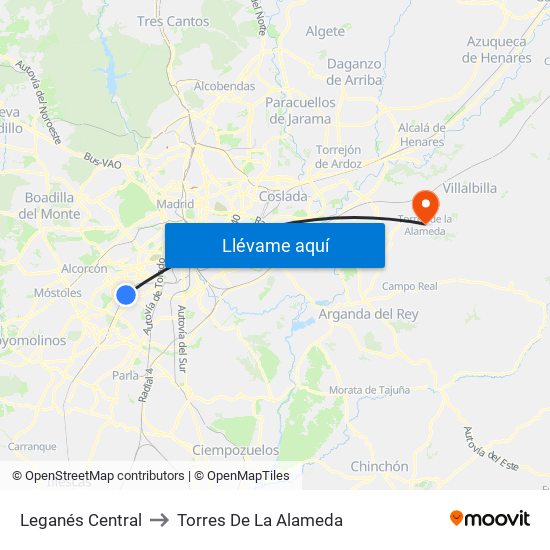 Leganés Central to Torres De La Alameda map