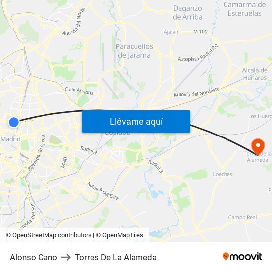 Alonso Cano to Torres De La Alameda map