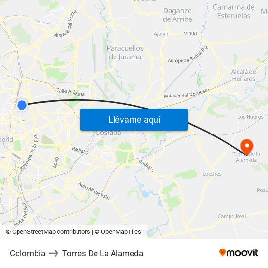 Colombia to Torres De La Alameda map