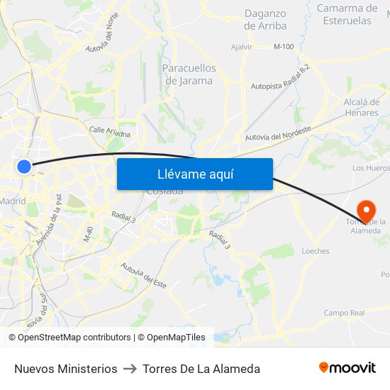 Nuevos Ministerios to Torres De La Alameda map