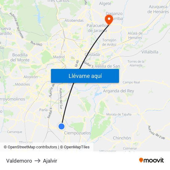 Valdemoro to Ajalvir map