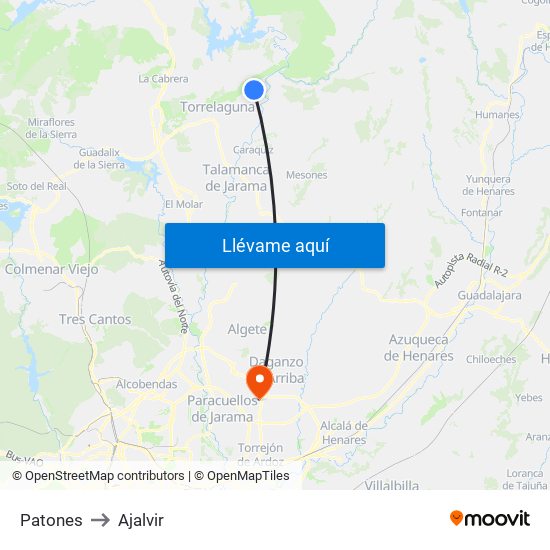 Patones to Ajalvir map