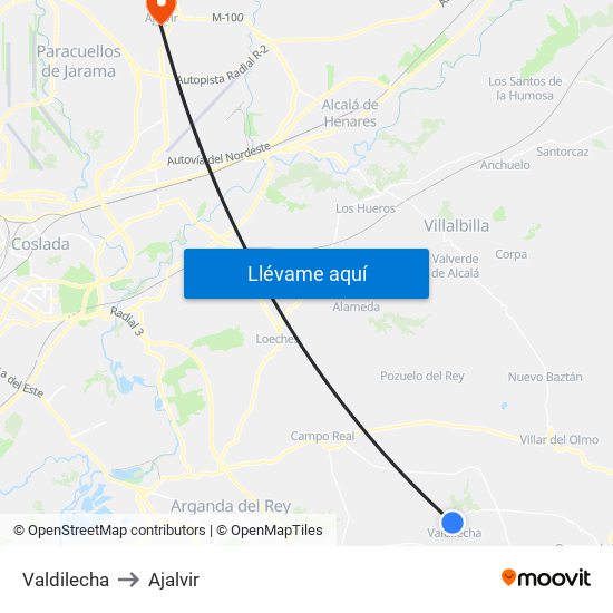 Valdilecha to Ajalvir map