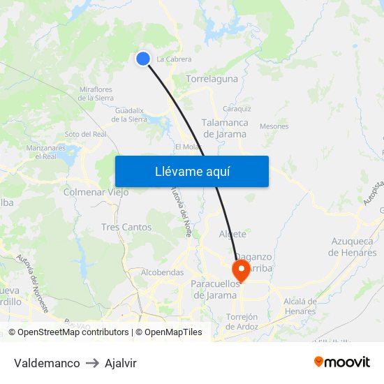 Valdemanco to Ajalvir map