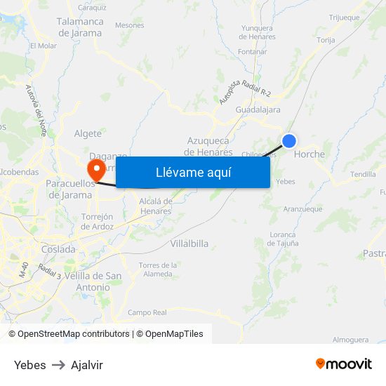 Yebes to Ajalvir map
