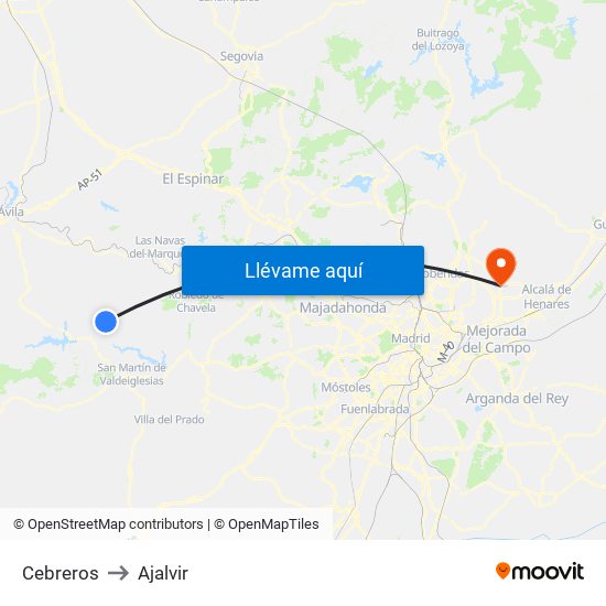 Cebreros to Ajalvir map
