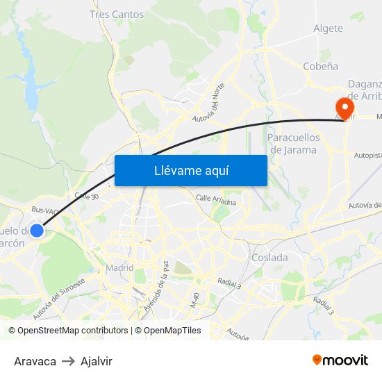 Aravaca to Ajalvir map