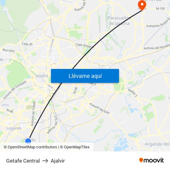 Getafe Central to Ajalvir map