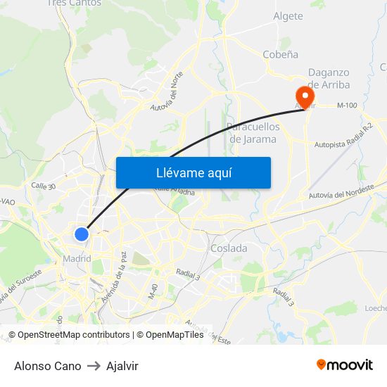 Alonso Cano to Ajalvir map