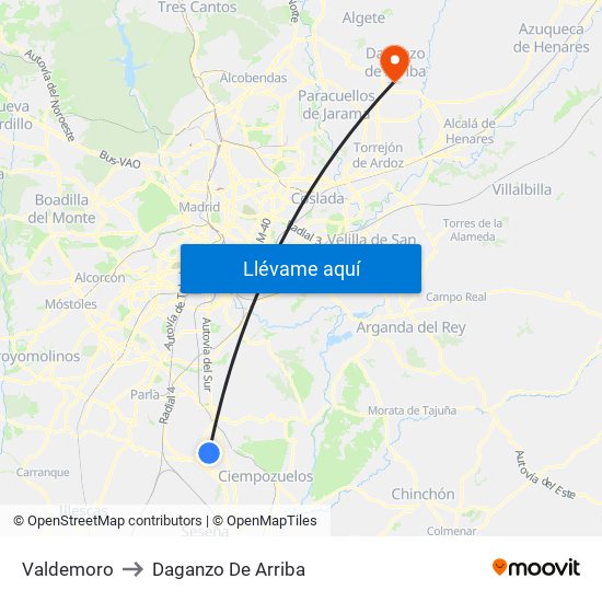 Valdemoro to Daganzo De Arriba map