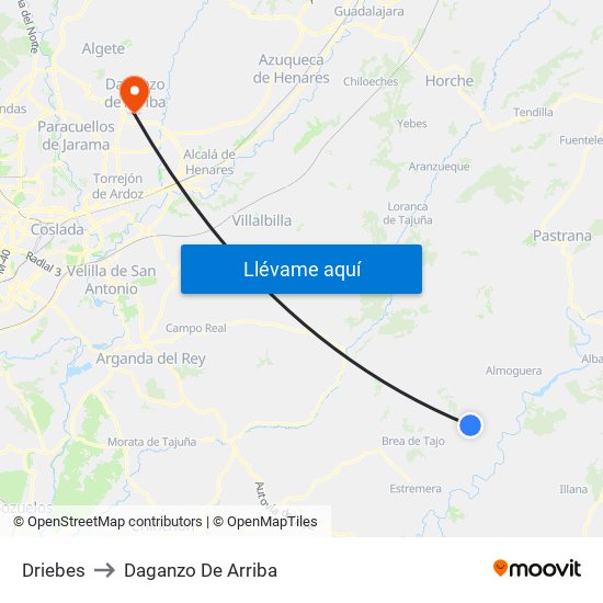 Driebes to Daganzo De Arriba map