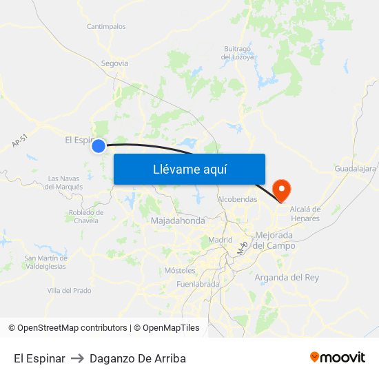 El Espinar to Daganzo De Arriba map