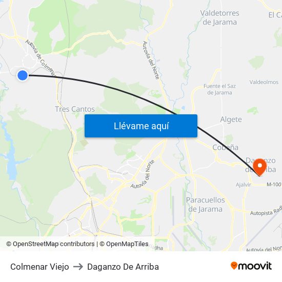 Colmenar Viejo to Daganzo De Arriba map