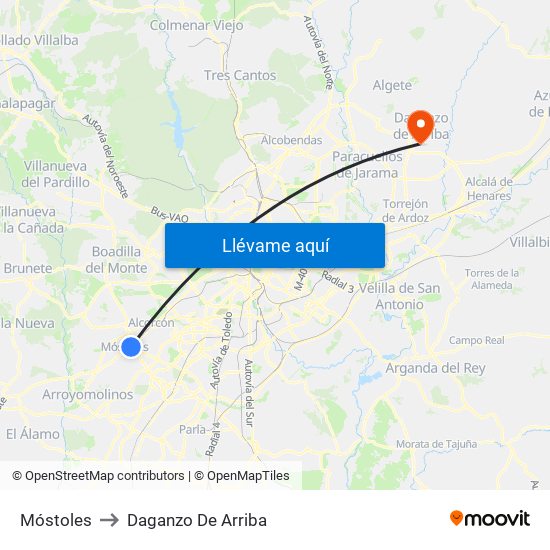 Móstoles to Daganzo De Arriba map