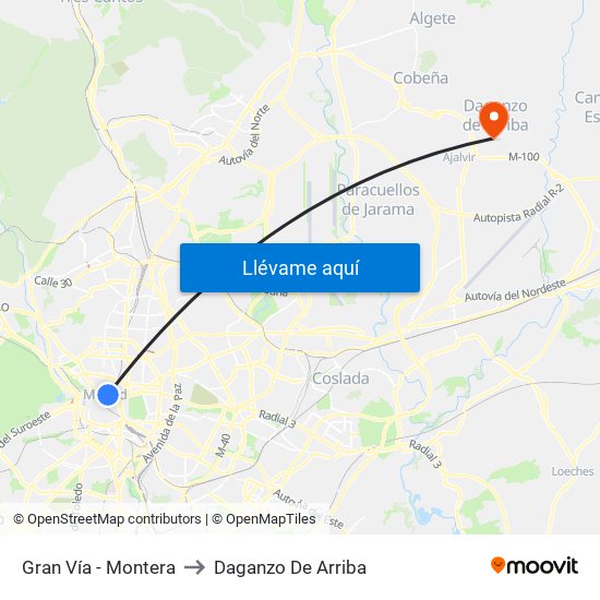 Gran Vía - Montera to Daganzo De Arriba map