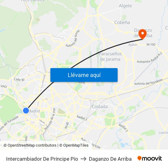 Intercambiador De Príncipe Pío to Daganzo De Arriba map