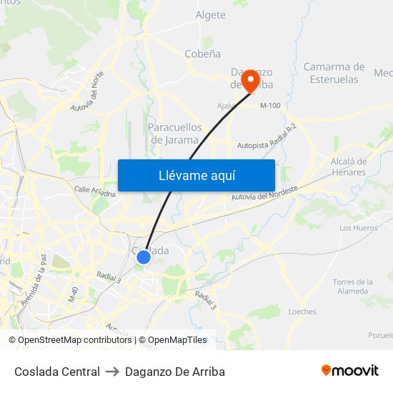 Coslada Central to Daganzo De Arriba map