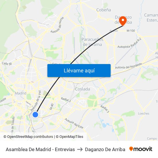 Asamblea De Madrid - Entrevías to Daganzo De Arriba map