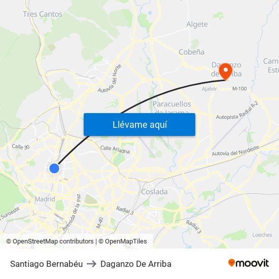 Santiago Bernabéu to Daganzo De Arriba map