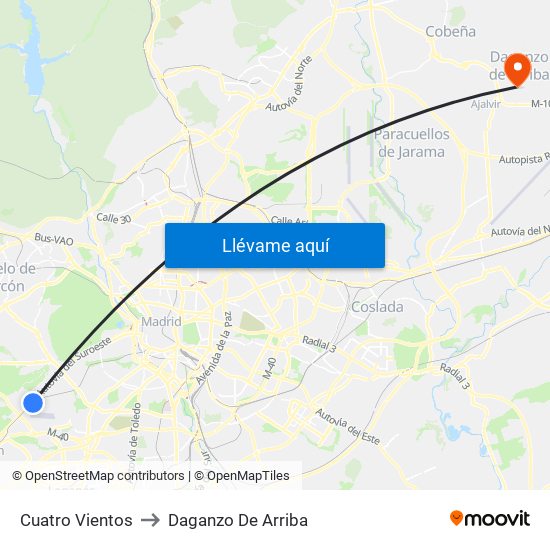 Cuatro Vientos to Daganzo De Arriba map