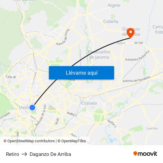 Retiro to Daganzo De Arriba map