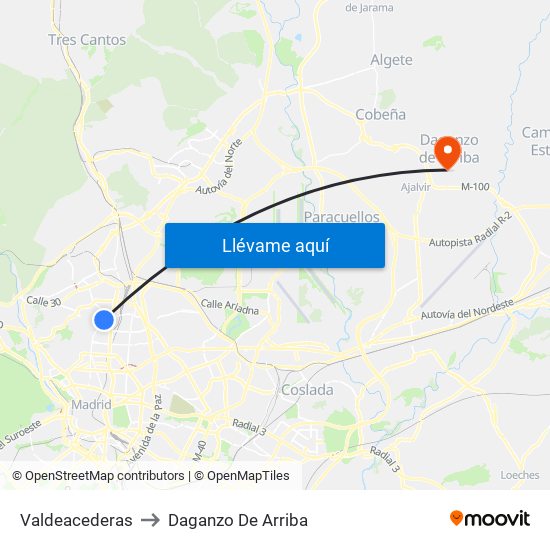 Valdeacederas to Daganzo De Arriba map