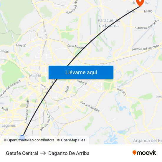 Getafe Central to Daganzo De Arriba map