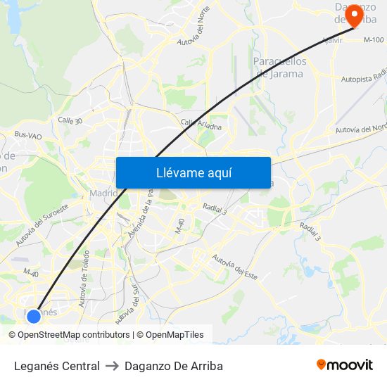 Leganés Central to Daganzo De Arriba map
