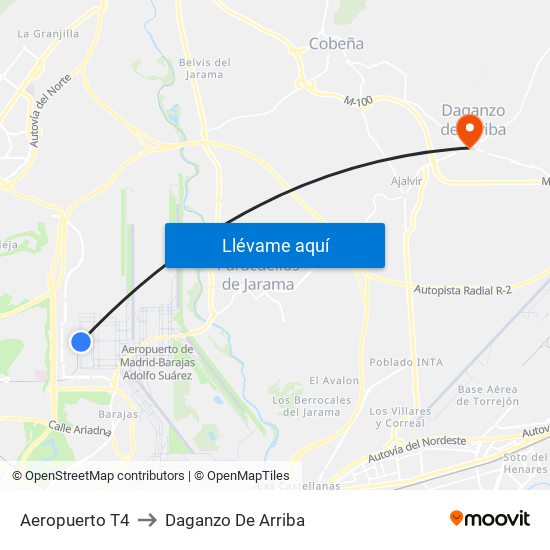 Aeropuerto T4 to Daganzo De Arriba map