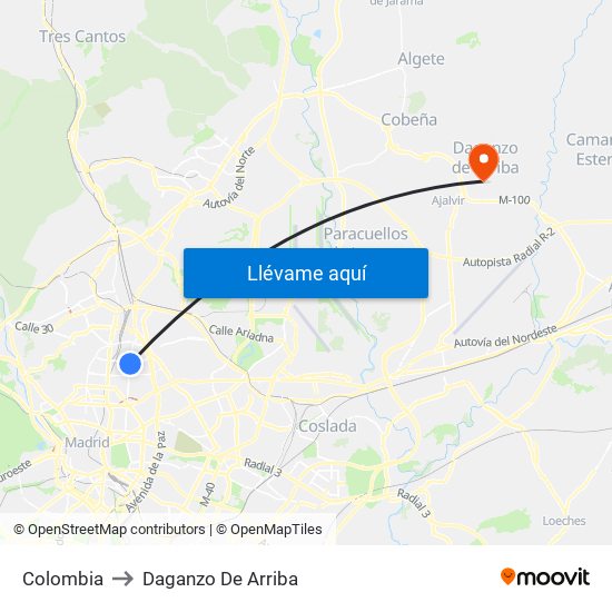 Colombia to Daganzo De Arriba map