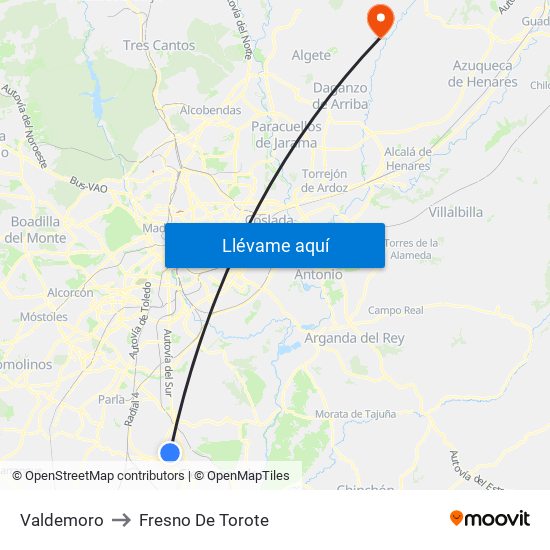 Valdemoro to Fresno De Torote map