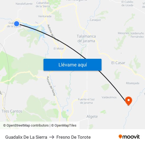 Guadalix De La Sierra to Fresno De Torote map