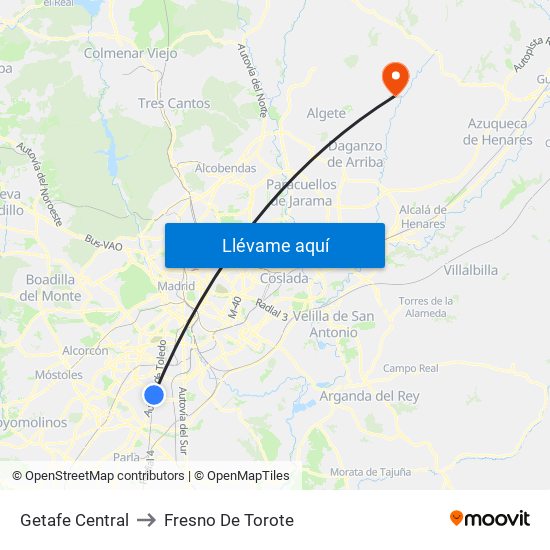 Getafe Central to Fresno De Torote map